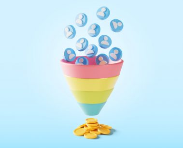 Customers fall into the sales funnel as a symbol of purchases, which bring coins as a symbol of profit. 3d render.